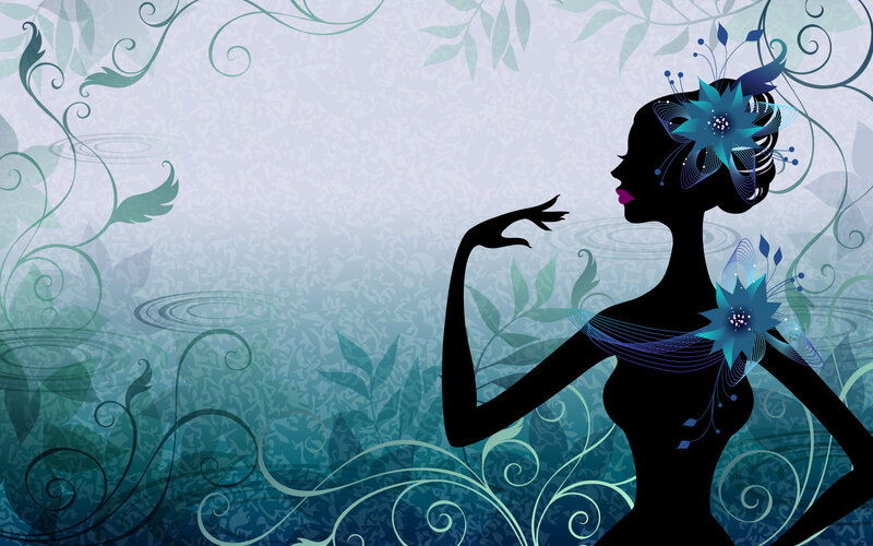Silhouette of Woman — Blue, Serene, Vector Art, Flowers