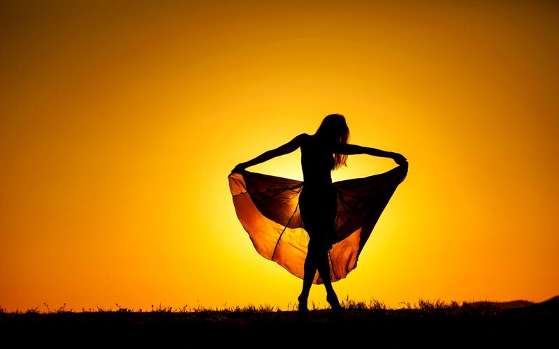 Silhouette of Woman Dancing — Orange, Dramatic, Sunset, Photograph