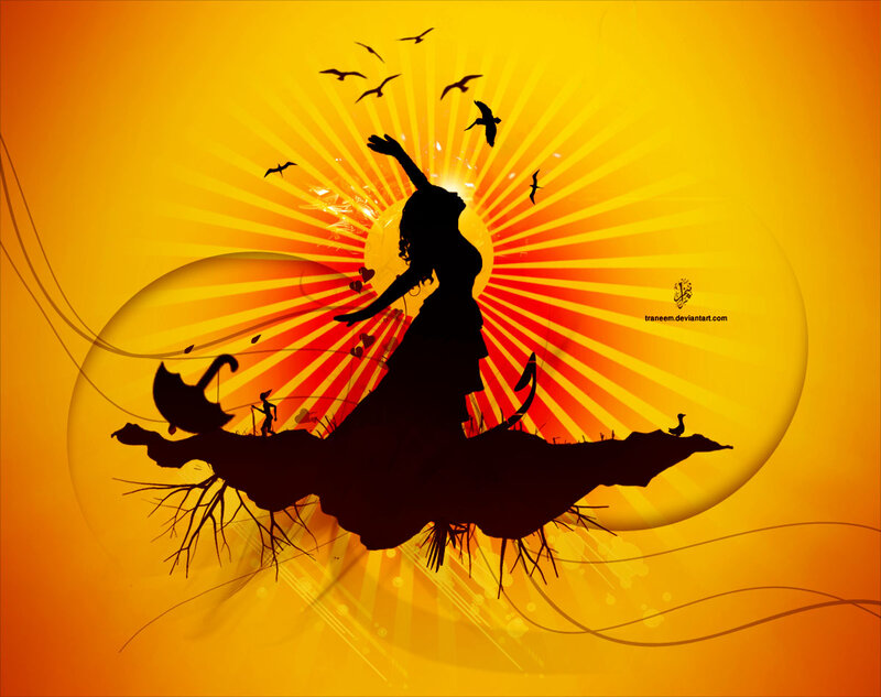 Silhouette of Woman Dancing — Yellow, Dramatic, Sunset, Digital Art