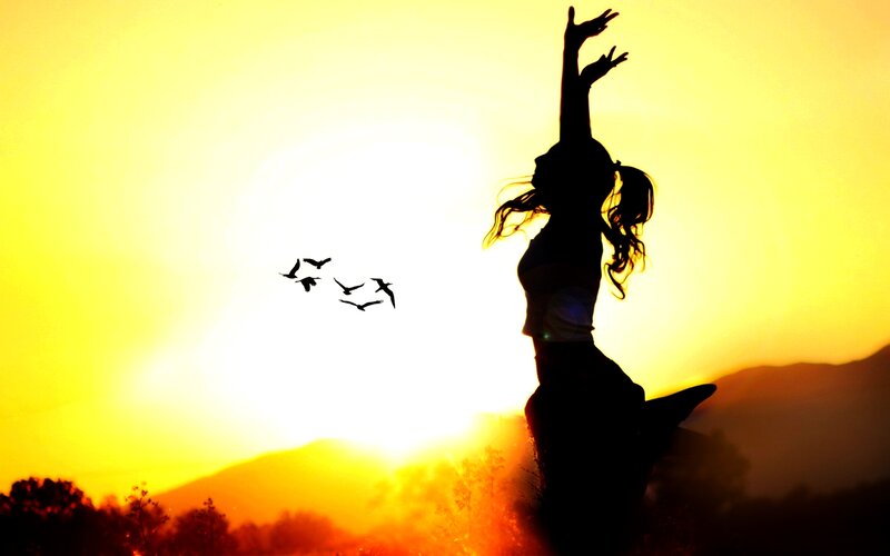 Silhouette of Woman Dancing — Yellow, Dramatic, Sunset, Photograph