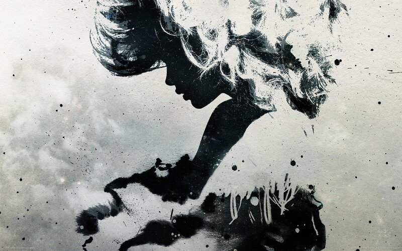 silhouette of woman in ink art