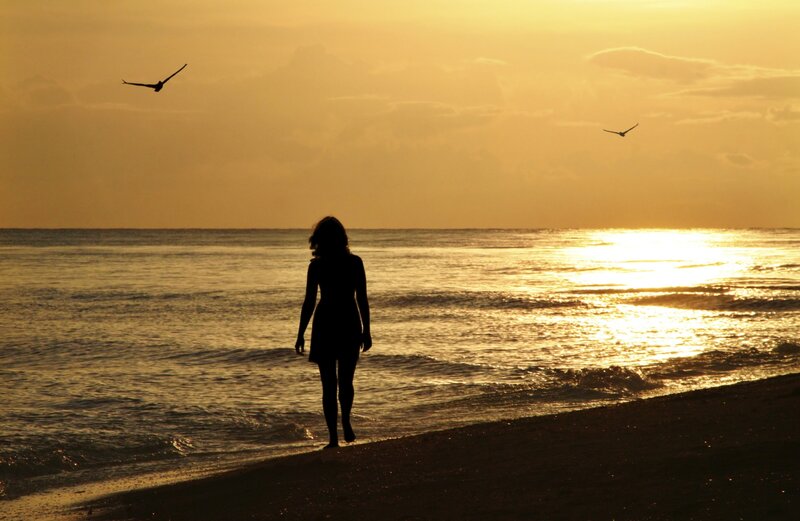 Silhouette of Woman on Beach — Gold, Serene, Sunset