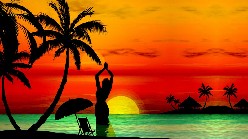 Silhouette of Woman on Beach — Orange, Serene, Sunset, Digital Art