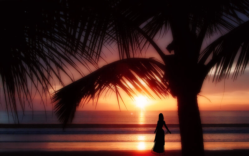 Silhouette of Woman on Beach — Orange, Serene, Sunset