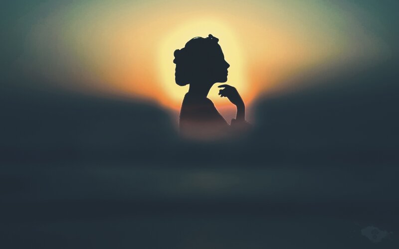 Silhouette of Woman — Orange, Dramatic, Sunset, Digital Art, Sun