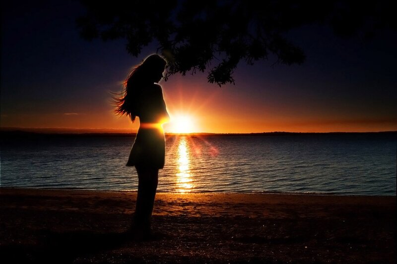 Silhouette of Woman — Orange, Dramatic, Sunset, Photograph, Sun, Water