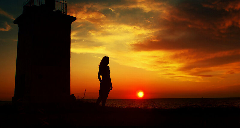 Silhouette of Woman — Orange, Dramatic, Sunset, Photograph