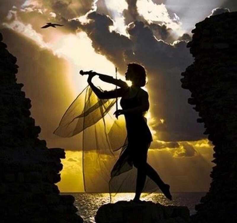 Silhouette of Woman Playing Violin — Yellow
