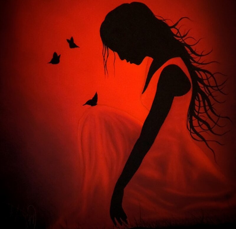 Silhouette of Woman — Red, Dramatic, Digital Art, Butterflies