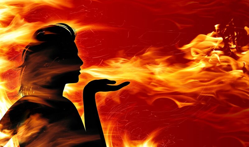 Silhouette of Woman — Red, Dramatic, Digital Art, Fire, Flames, Orange