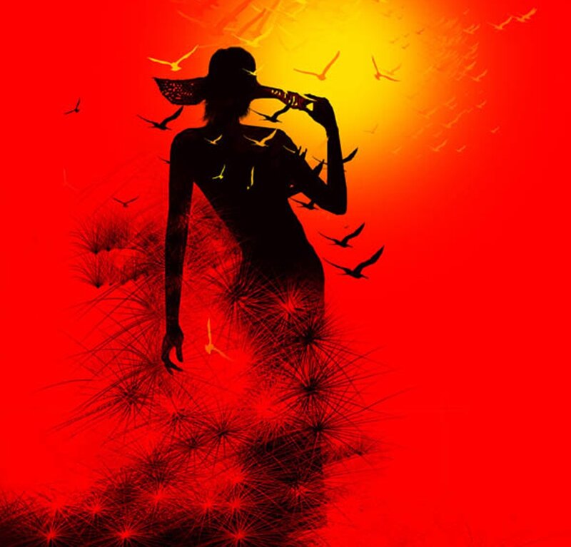 Silhouette of Woman — Red, Dramatic, Sunset, Digital Art