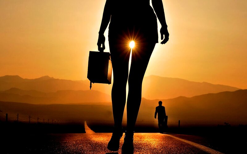 Silhouette of Woman Walking — Orange, Dramatic, Sunset, Photograph, Mountains
