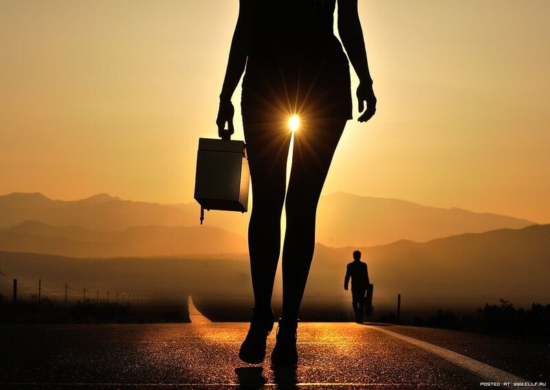 Silhouette of Woman Walking — Orange, Dramatic, Sunset, Photograph