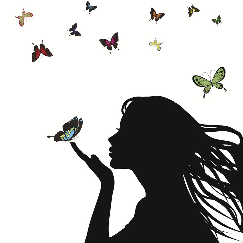 Silhouette of Woman with Butterflies — Black, Serene