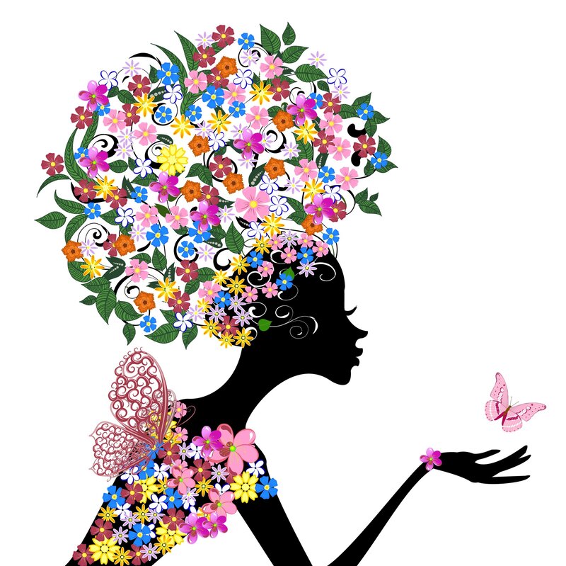 Silhouette of Woman with Flowers — Black, Serene, Vector Art