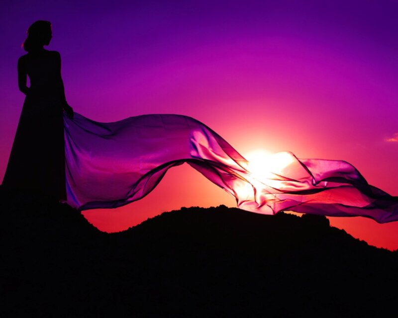 Silhouette of Woman with Scarf — Purple, Dramatic