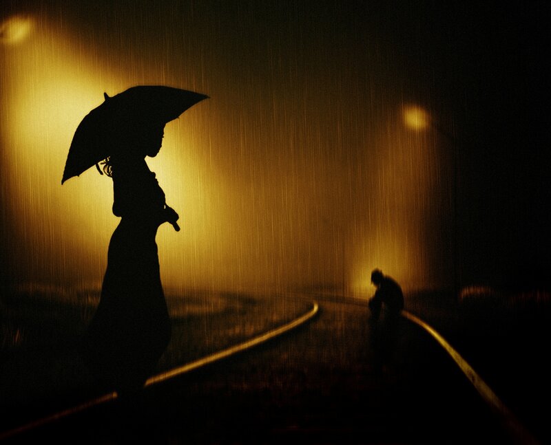 Silhouette of Woman with Umbrella — Black, Dramatic, Night