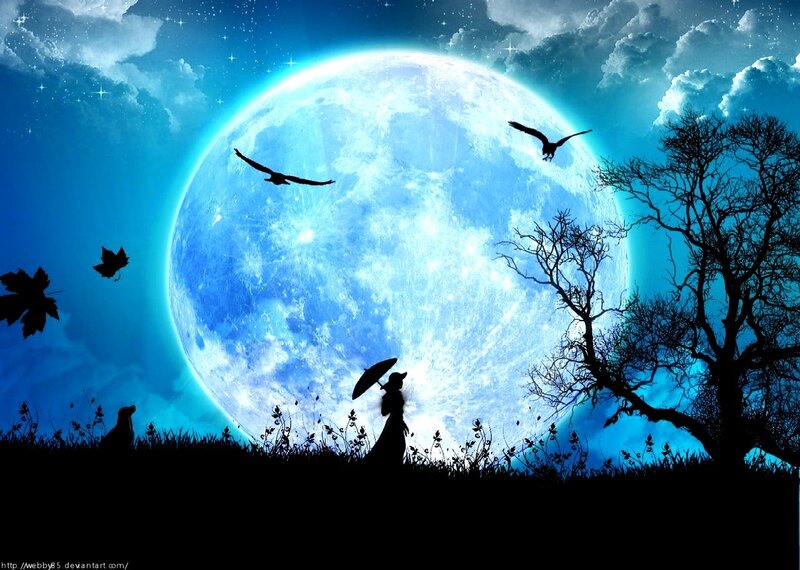 Silhouette of Woman with Umbrella — Blue, Serene, Night, Digital Art