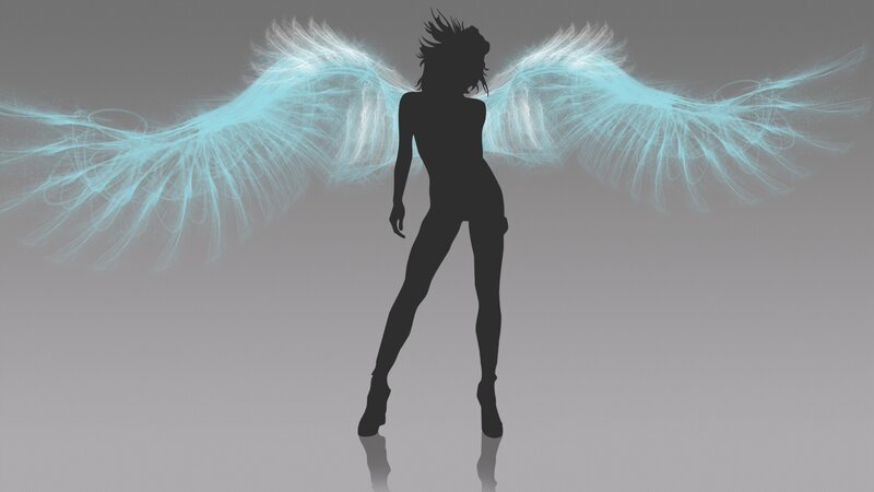 Silhouette of Woman with Wings — Black, Dramatic, Digital Art, Reflection, Blue