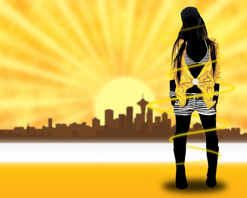 Silhouette of Woman — Yellow, Dramatic, Sunset, Digital Art, City Skyline