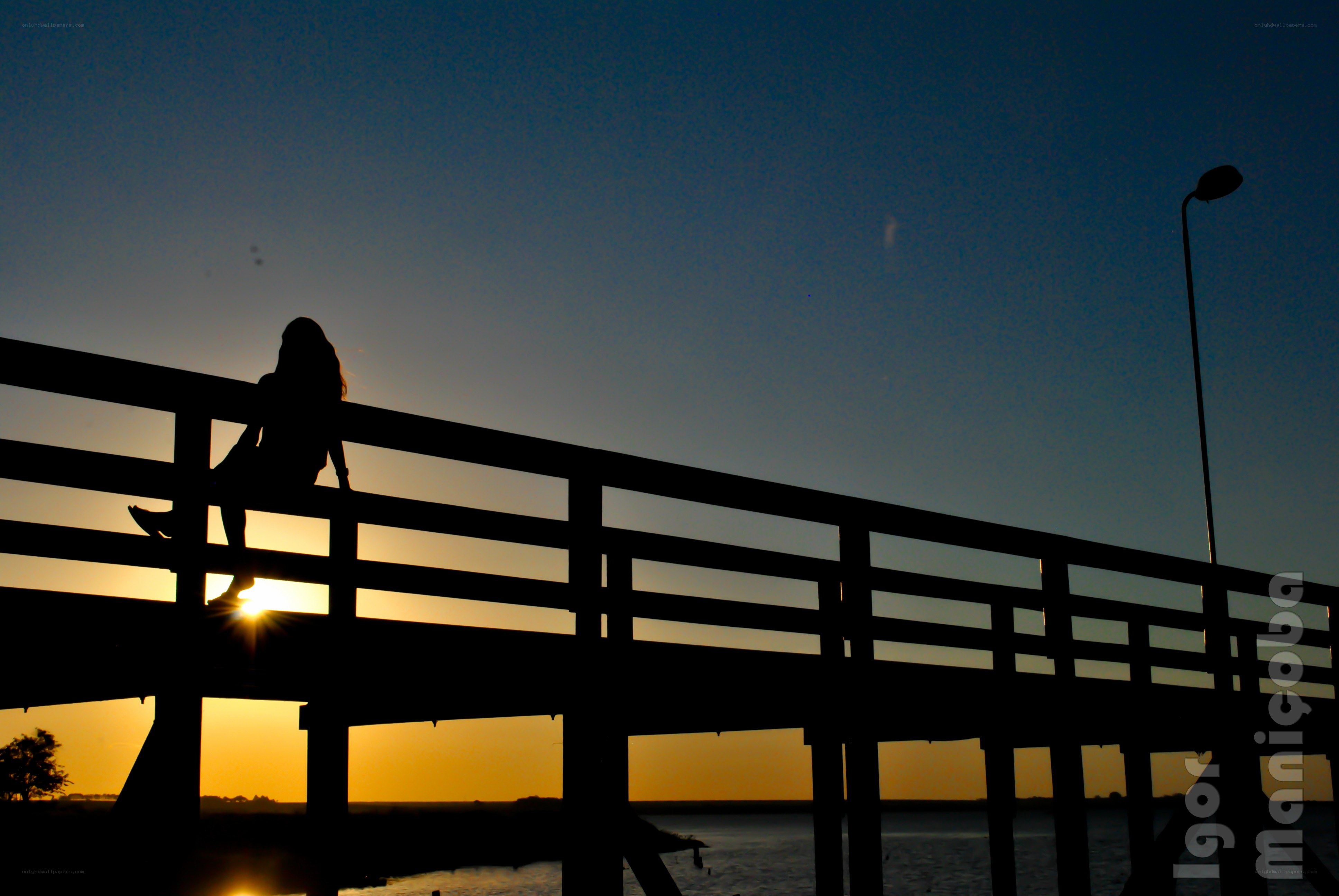 silhouette on a bridge at sunset