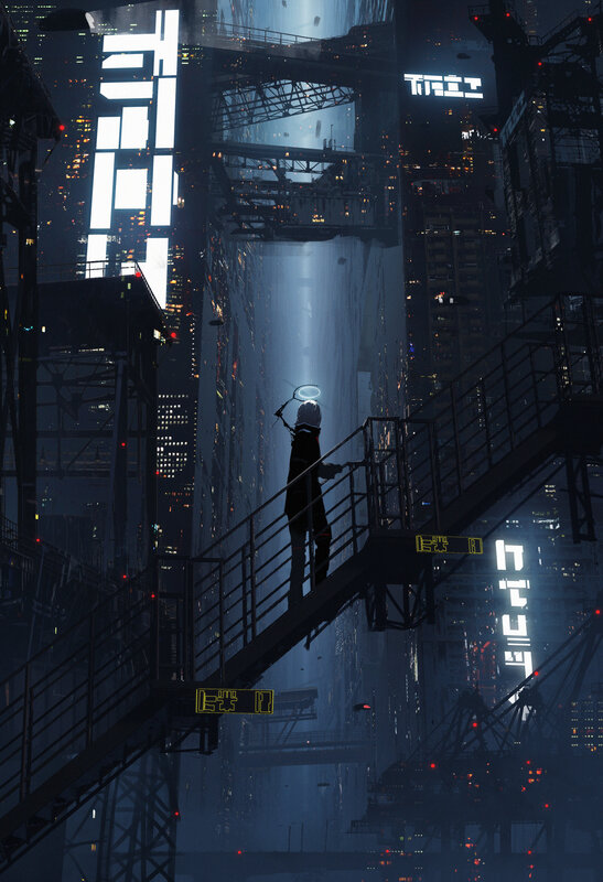 Silhouette on a Bridge — Blue, Dramatic