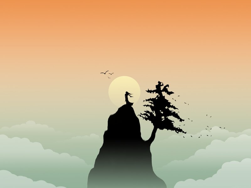 Silhouette on a cliff at sunset