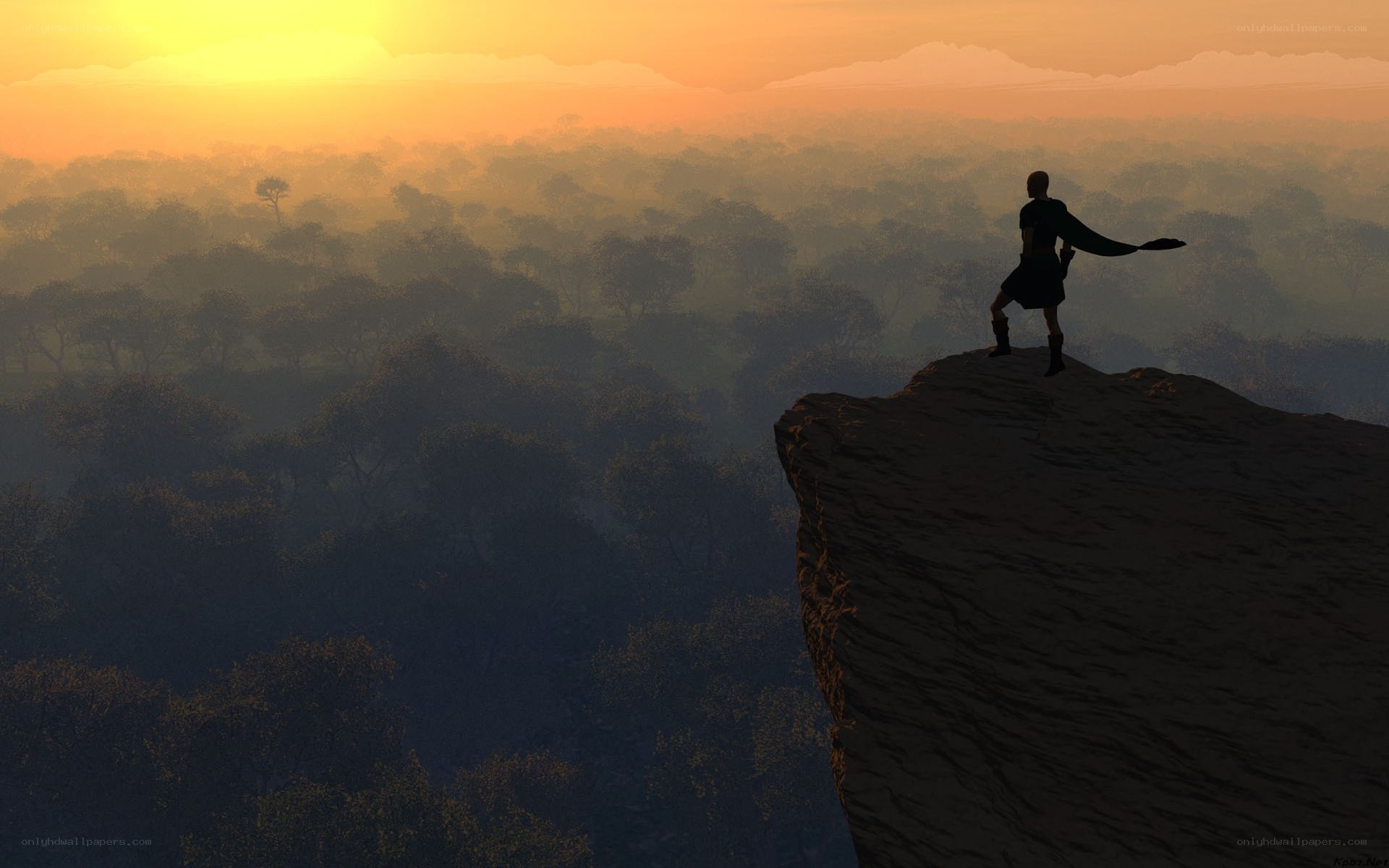 silhouette on a cliff at sunset