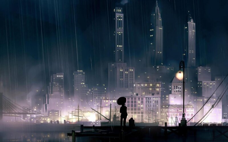 Silhouette on a Dock — Blue, Melancholic, Night, Digital Art, City Skyline, Rain, Street Lamp