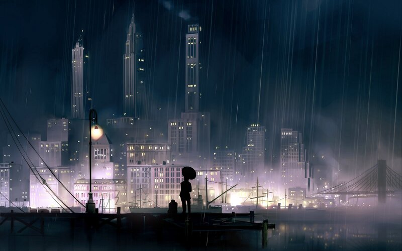 Silhouette on a Dock — Blue, Melancholic, Night, Digital Art, City Skyline