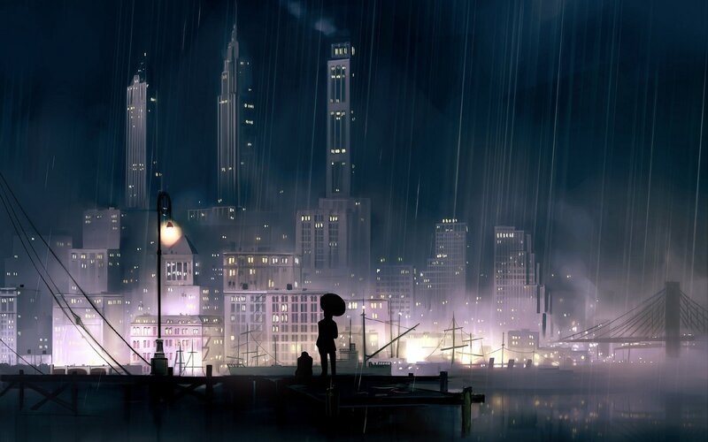 Silhouette on a Dock — Blue, Melancholic, Night, Digital Art