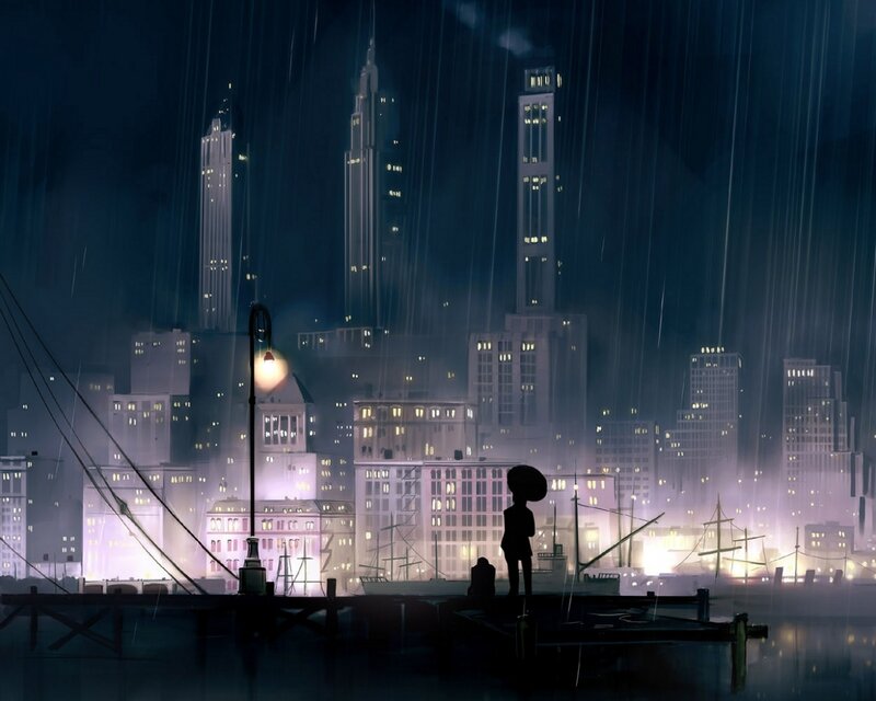 Silhouette on a Dock — Blue, Melancholic, Night