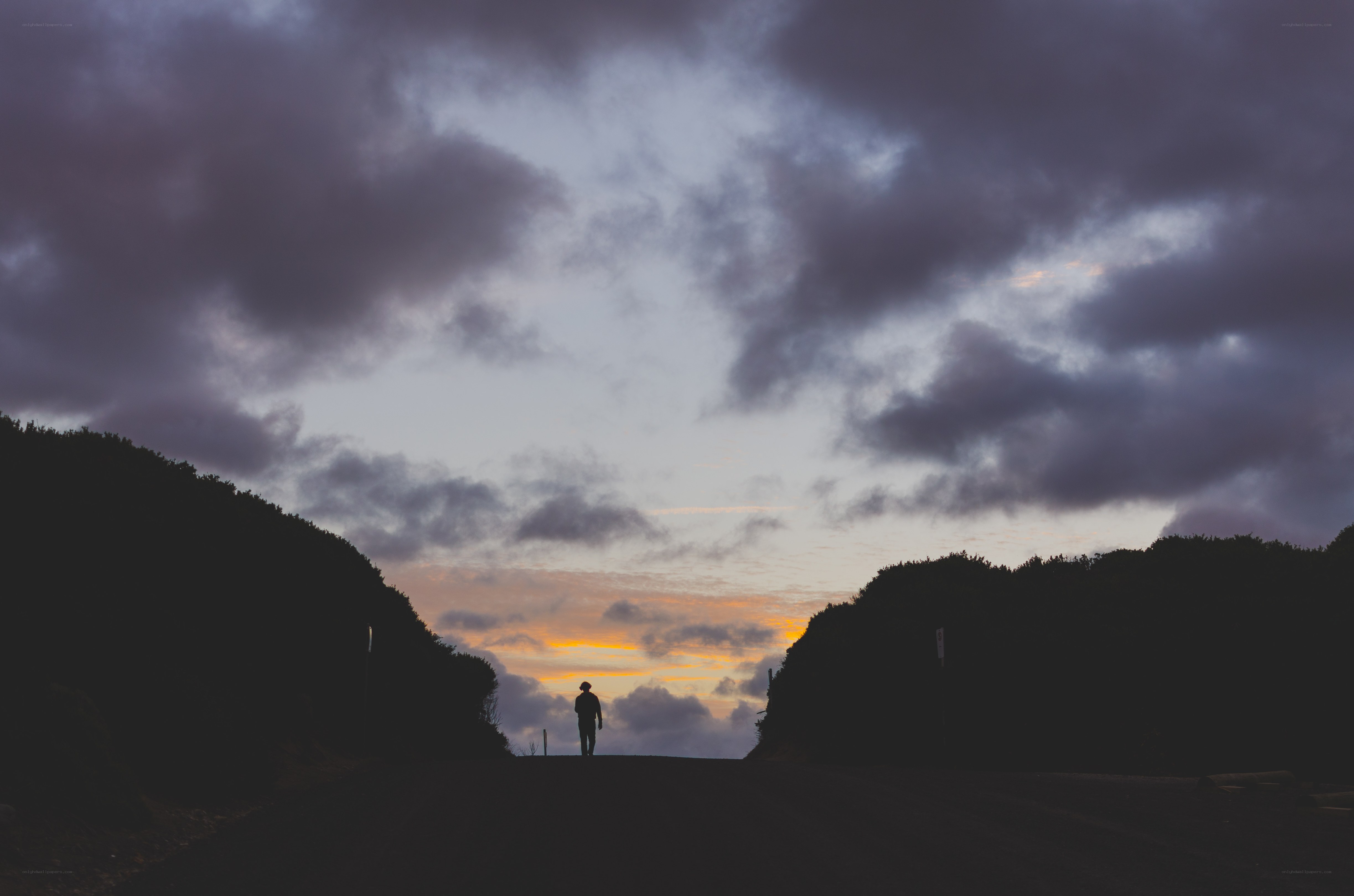 Silhouette on a road at sunset
