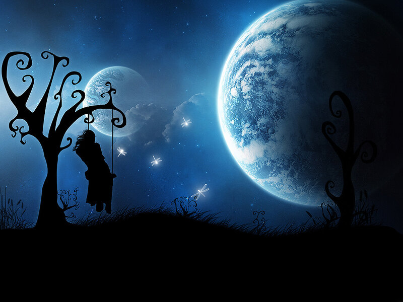 Silhouette on a swing under alien moons