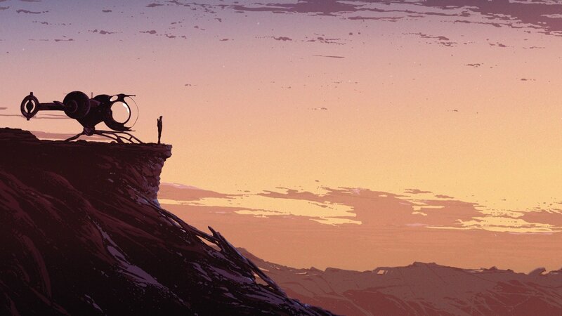 silhouette on alien cliff