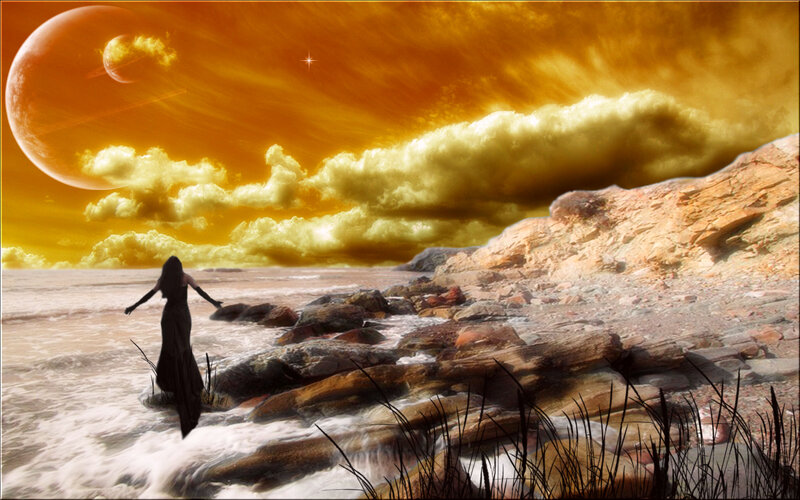 Silhouette on Alien Shore — Orange, Dramatic