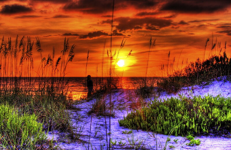 Silhouette on Beach at Sunset — Orange, Dramatic