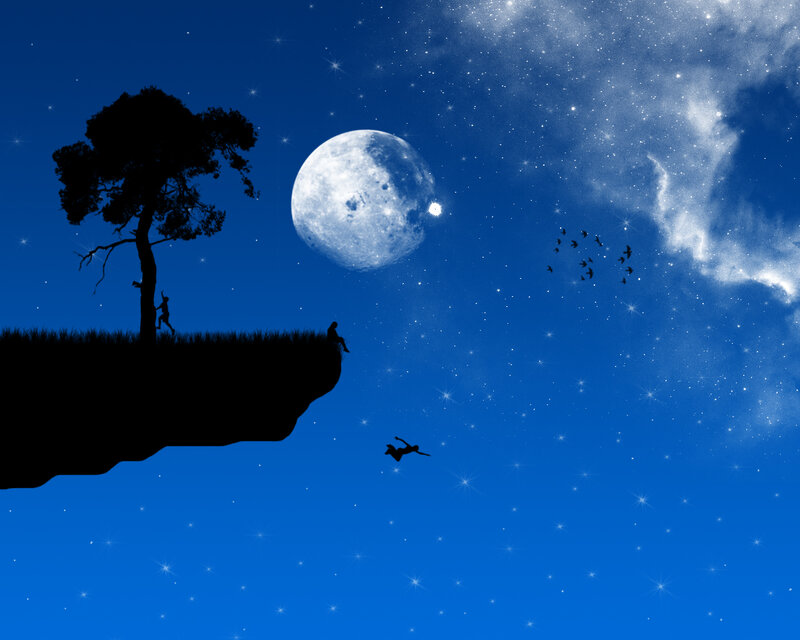 Silhouette on Cliff Edge — Blue, Serene