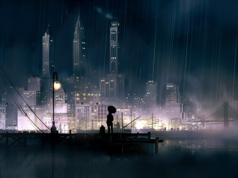 Silhouette on Dock — Blue, Melancholic, Night