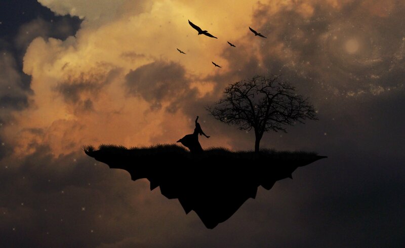 Silhouette on Floating Island — Orange, Dramatic