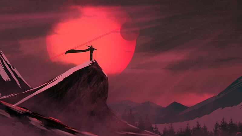 Silhouette on Mountain Peak — Red