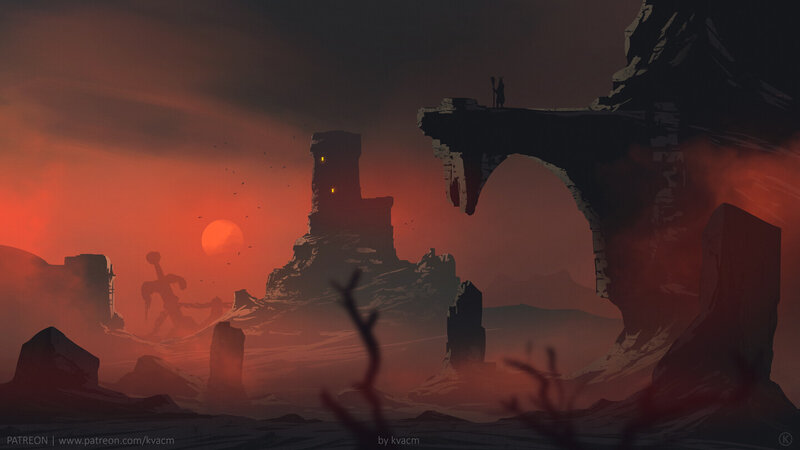Silhouette on Rocky Cliff — Red, Dramatic