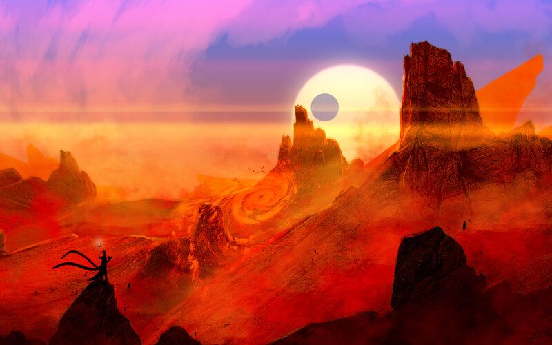 Silhouette on Rocky Cliff — Red