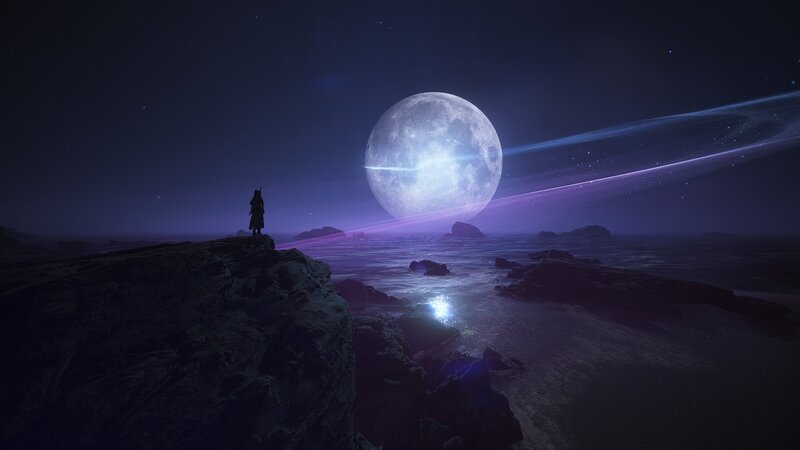 Silhouette on Rocky Shore — Purple, Serene