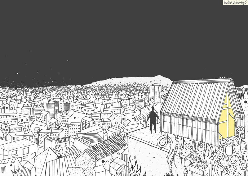 Silhouette on Rooftop — Black, Dramatic, Night