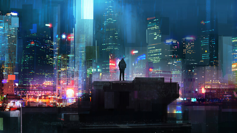 Silhouette on Rooftop — Blue, Dramatic, Night