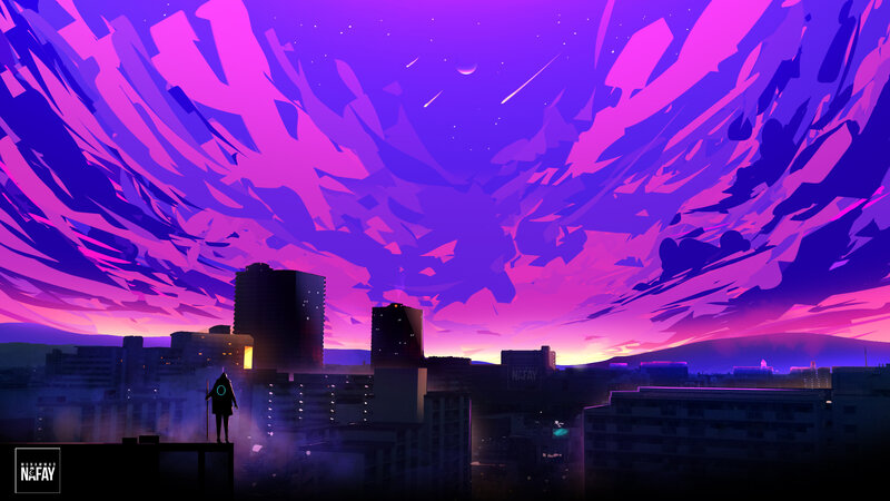 Silhouette on Rooftop — Purple, Dramatic, Night, Digital Art