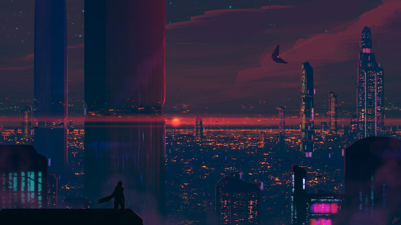 Silhouette on Rooftop — Purple, Dramatic, Night