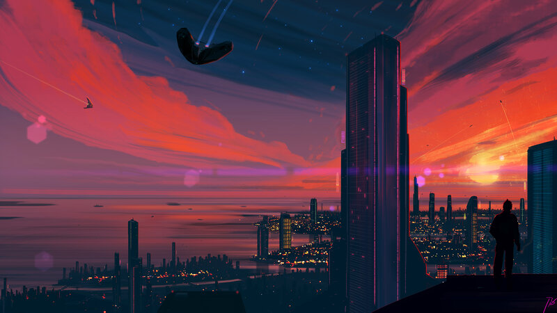 Silhouette on Rooftop — Red, Dramatic