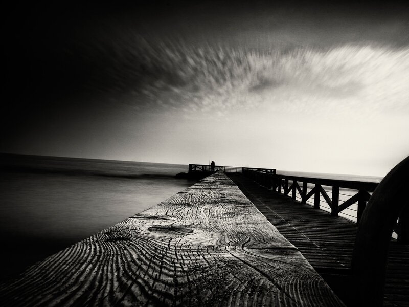 Silhouette on Wooden Pier — Black, Dramatic, Night